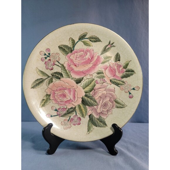 Pink Roses Plate Crackled Vintage Green Leaves Enameled 10.25''D Decorative - Picture 1 of 7